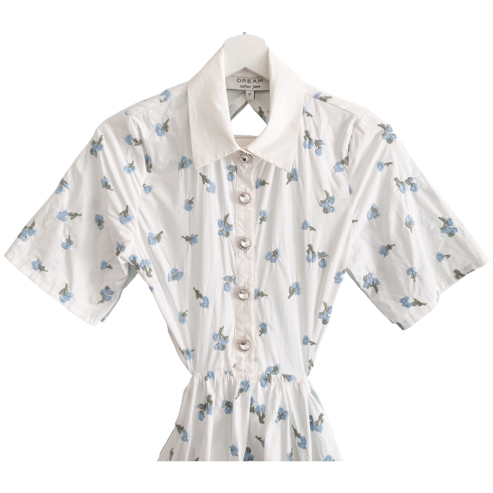 Sister Jane Lapis Shell Midi Shirtdress Rhinestone Buttons Open Back Nwt Small — image 6 of 8